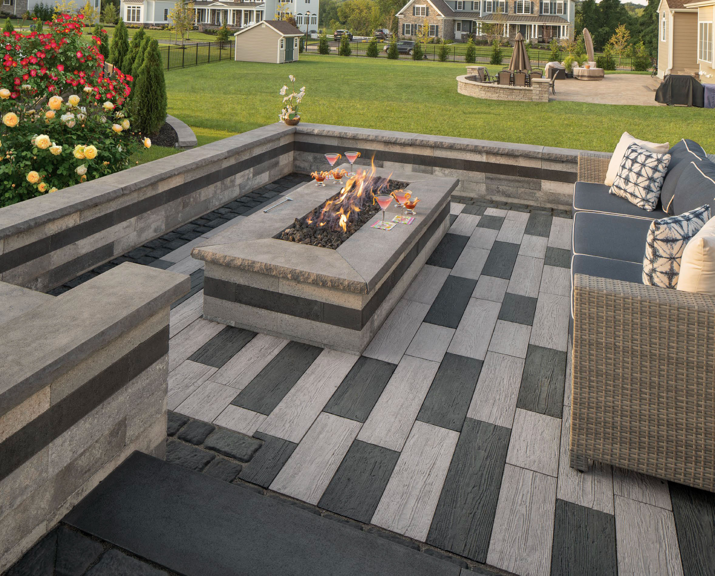 Cambridge Timber Stone Patio with Fire Pit & Seating Wall | Astro